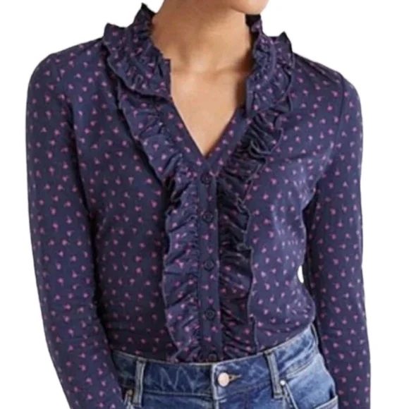 Navy Ruffle V-Neck Long-Sleeve Blouse with Red Micro Print - Picture 1 of 10